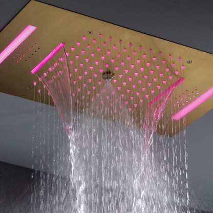 5-in-1 Thermostatische Inbouw Regendoucheset Julia – Bluetooth & Speakers – LED Verlichting – Massagejets - Brushed gold