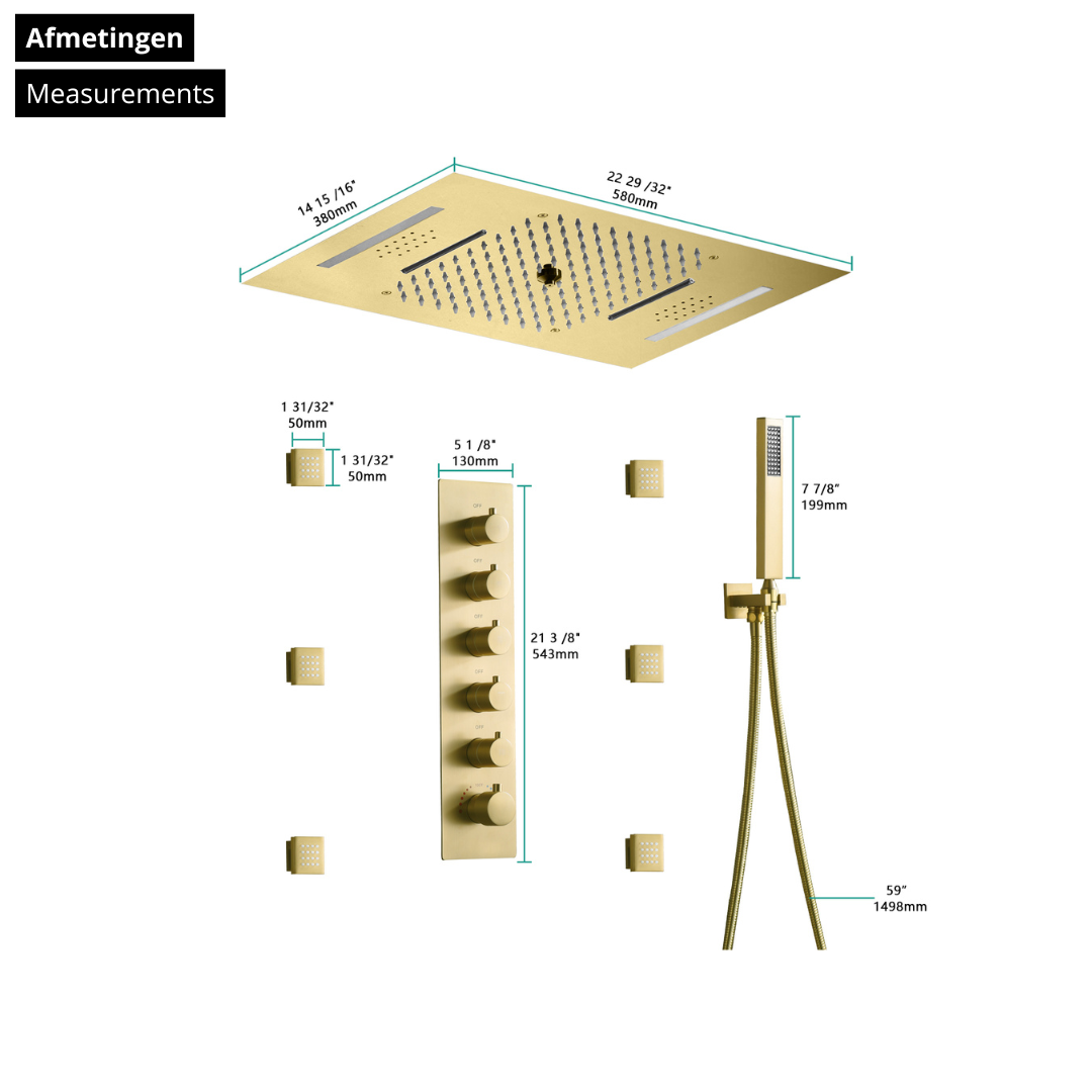 5-in-1 Thermostatische Inbouw Regendoucheset Julia – Bluetooth & Speakers – LED Verlichting – Massagejets - Brushed gold