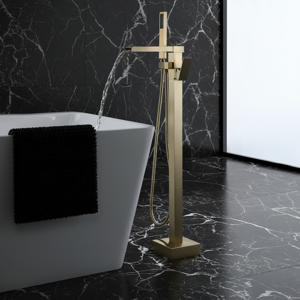 Vrijstaande Badkraan Lisandro – Watervaluitloop – Brushed Gold - 87 × 22 × 15 cm