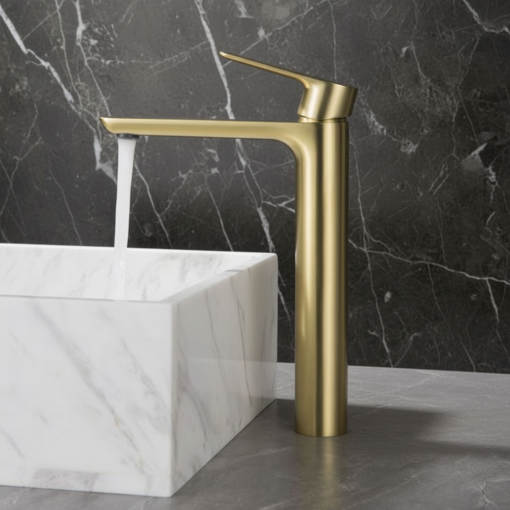 Hoge wastafelkraan  – Silvio – Brushed gold - 31,5 × 19 × 4,5 cm