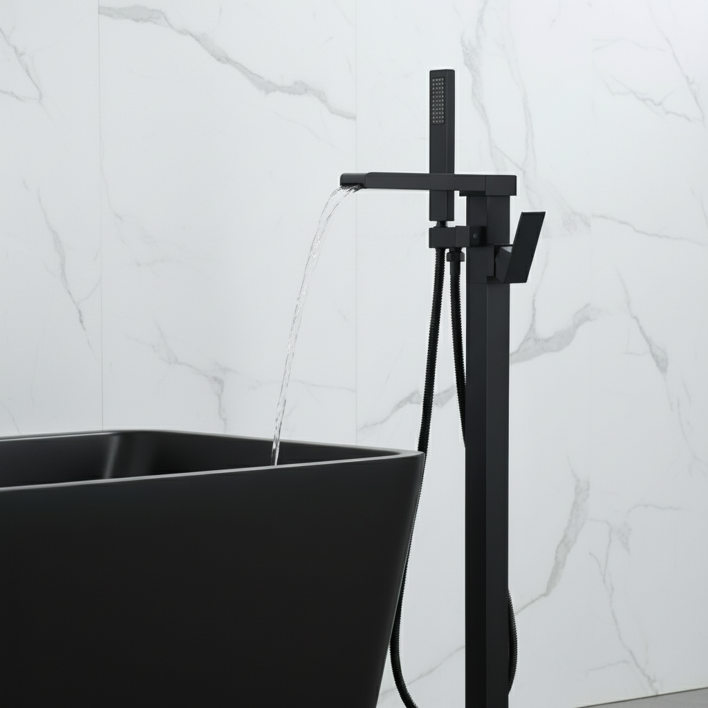 Vrijstaande Badkraan Lisandro – Watervaluitloop – Matte black - 87 × 22 × 15 cm