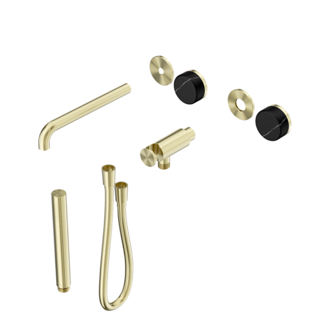 Inbouw badmengkraan Sorrento - Marquina Black - Staafhanddouche en uitloop - Zonder achterplaat - Brushed gold