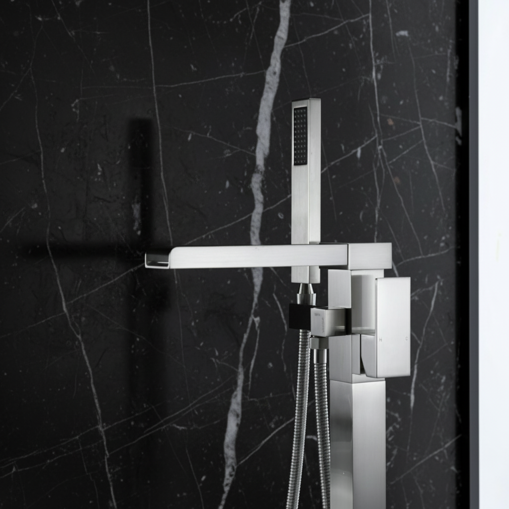 Vrijstaande Badkraan Lisandro – Watervaluitloop – Brushed nickel - 87 × 22 × 15 cm