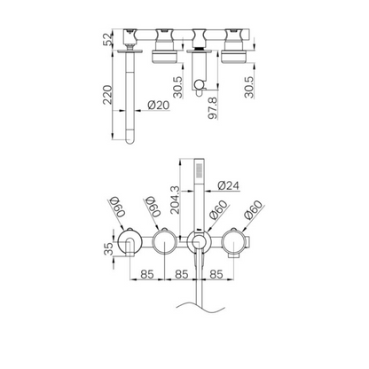 Inbouw badmengkraan Sorrento - Marquina Black - Staafhanddouche en uitloop - Zonder achterplaat - Brushed gold