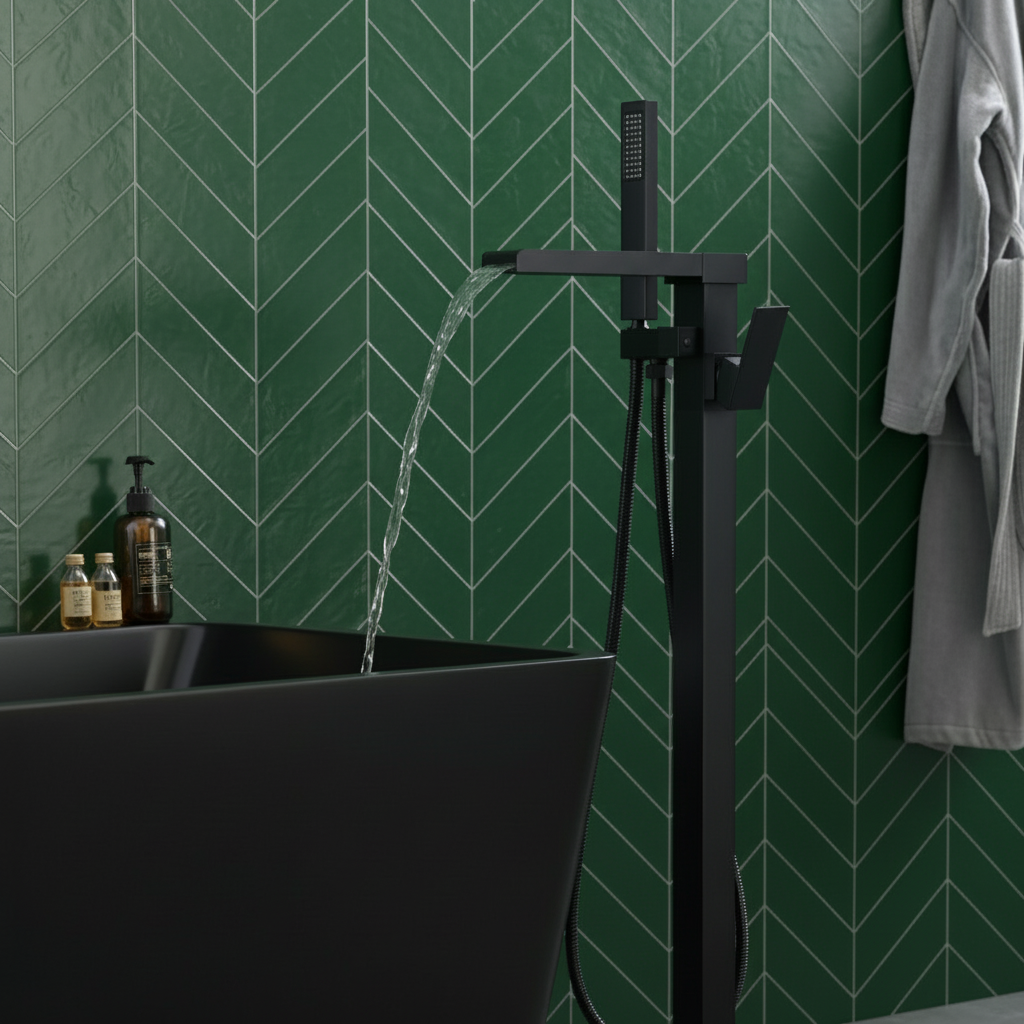 Vrijstaande Badkraan Lisandro – Watervaluitloop – Matte black - 87 × 22 × 15 cm