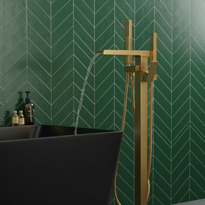 Vrijstaande Badkraan Lisandro – Watervaluitloop – Brushed Gold - 87 × 22 × 15 cm