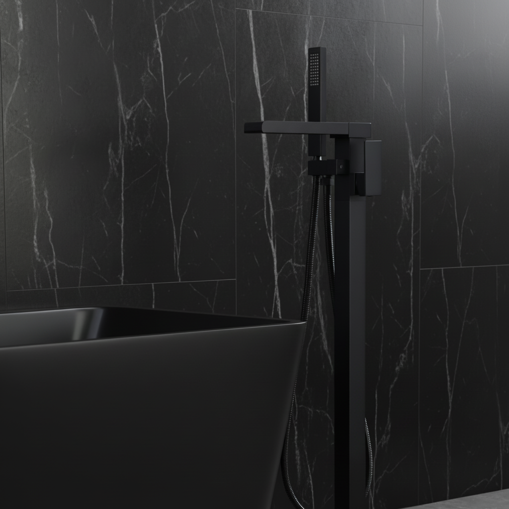 Vrijstaande Badkraan Lisandro – Watervaluitloop – Matte black - 87 × 22 × 15 cm