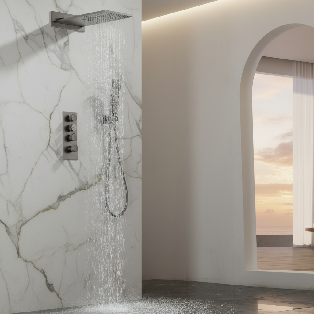 Thermostatische Inbouw Regendoucheset Isabella - Waterval - Gunmetal grey