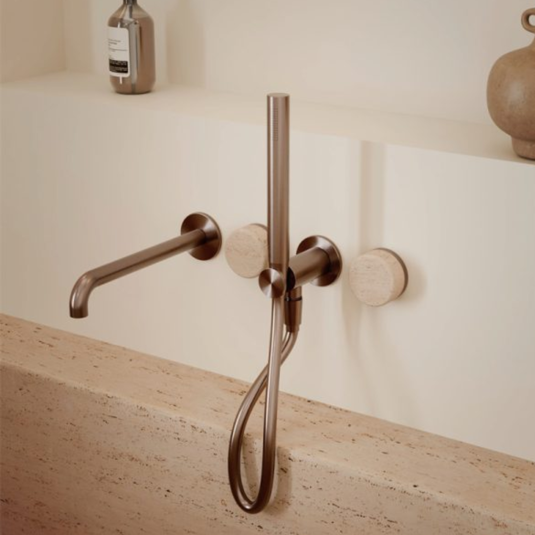 Inbouw badmengkraan Sorrento - Rome Travertine - Staafhanddouche en uitloop - Zonder achterplaat - Brushed gold
