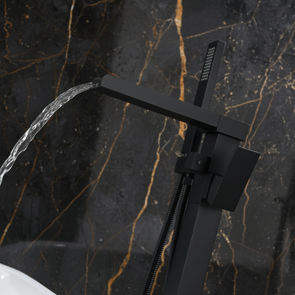 Vrijstaande Badkraan Lisandro – Watervaluitloop – Matte black - 87 × 22 × 15 cm