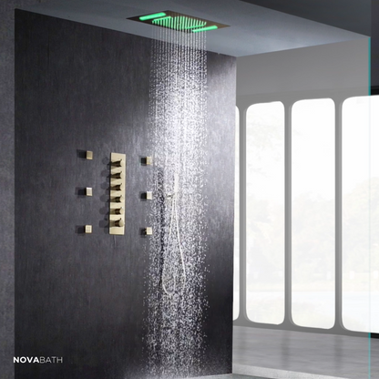 5-in-1 Thermostatische Inbouw Regendoucheset Julia – Bluetooth & Speakers – LED Verlichting – Massagejets - Brushed gold