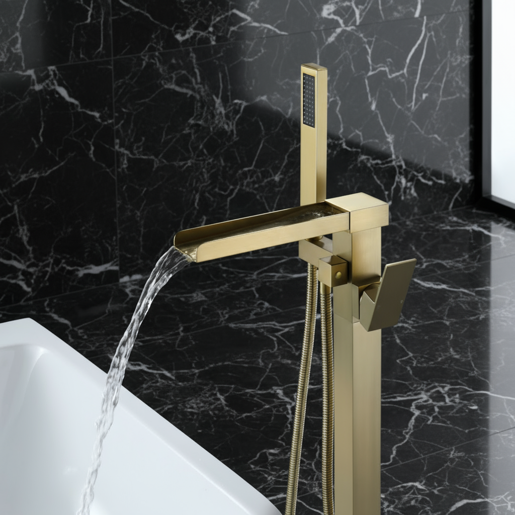 Vrijstaande Badkraan Lisandro – Watervaluitloop – Brushed Gold - 87 × 22 × 15 cm