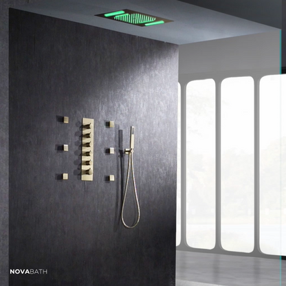 5-in-1 Thermostatische Inbouw Regendoucheset Julia – Bluetooth & Speakers – LED Verlichting – Massagejets - Brushed gold