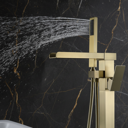 Vrijstaande Badkraan Lisandro – Watervaluitloop – Brushed Gold - 87 × 22 × 15 cm