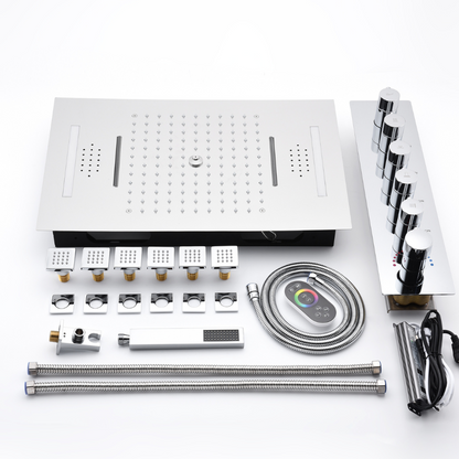 5-in-1 Thermostatische Inbouw Regendoucheset Julia – Bluetooth & Speakers – LED Verlichting – Massagejets - Brushed gold