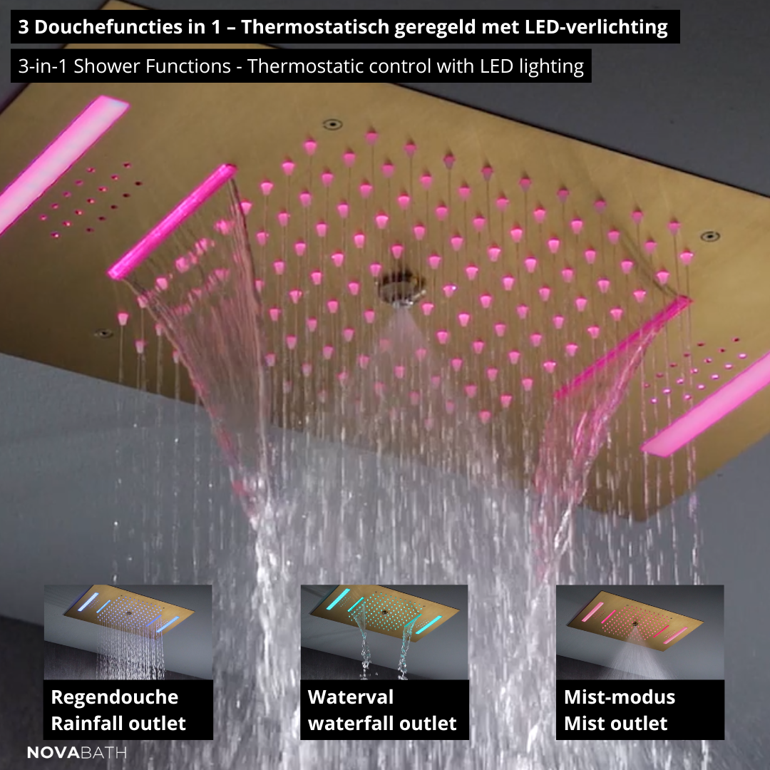 5-in-1 Thermostatische Inbouw Regendoucheset Julia – Bluetooth & Speakers – LED Verlichting – Massagejets - Brushed gold