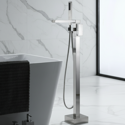 Vrijstaande Badkraan Lisandro – Watervaluitloop – Brushed nickel - 87 × 22 × 15 cm