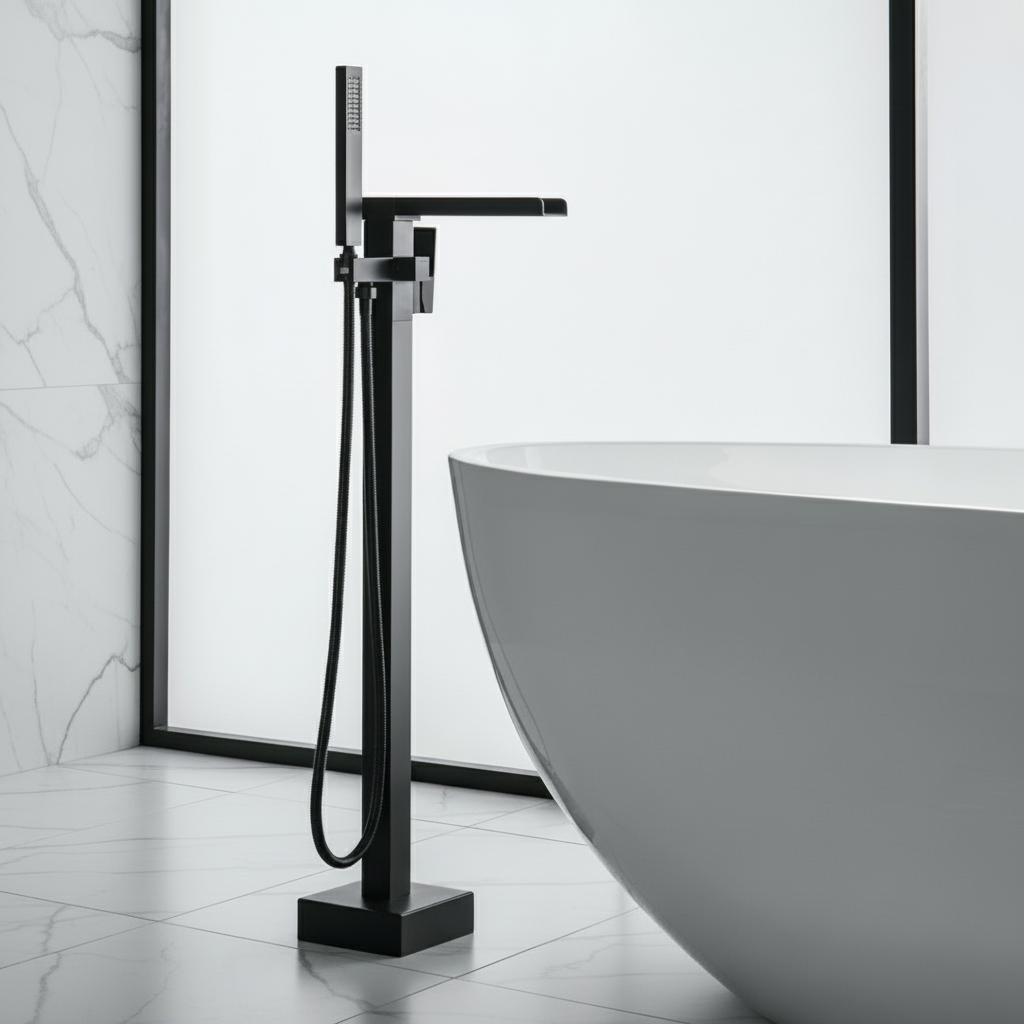 Vrijstaande Badkraan Lisandro – Watervaluitloop – Matte black - 87 × 22 × 15 cm