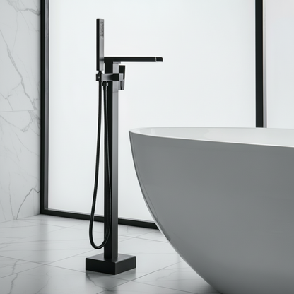 Vrijstaande Badkraan Lisandro – Watervaluitloop – Matte black - 87 × 22 × 15 cm