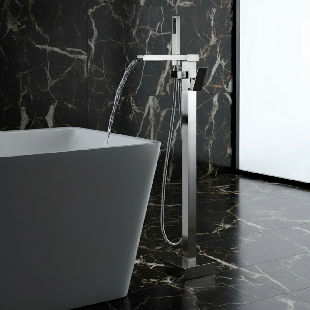 Vrijstaande Badkraan Lisandro – Watervaluitloop – Brushed nickel - 87 × 22 × 15 cm