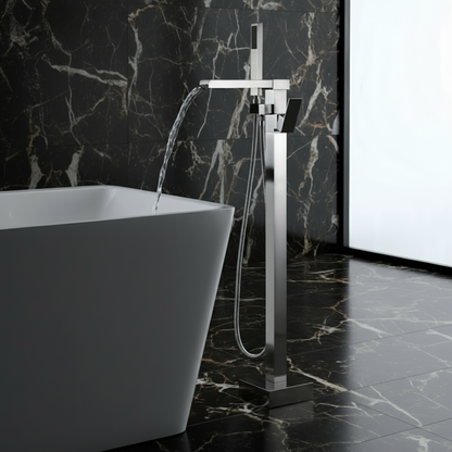 Vrijstaande Badkraan Lisandro – Watervaluitloop – Brushed nickel - 87 × 22 × 15 cm