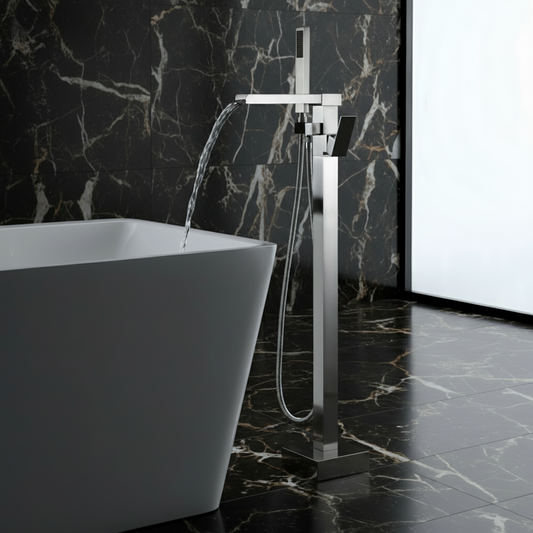 Vrijstaande Badkraan Lisandro – Watervaluitloop – Brushed nickel - 87 × 22 × 15 cm