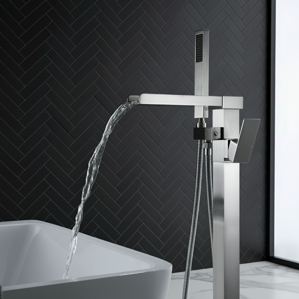 Vrijstaande Badkraan Lisandro – Watervaluitloop – Brushed nickel - 87 × 22 × 15 cm