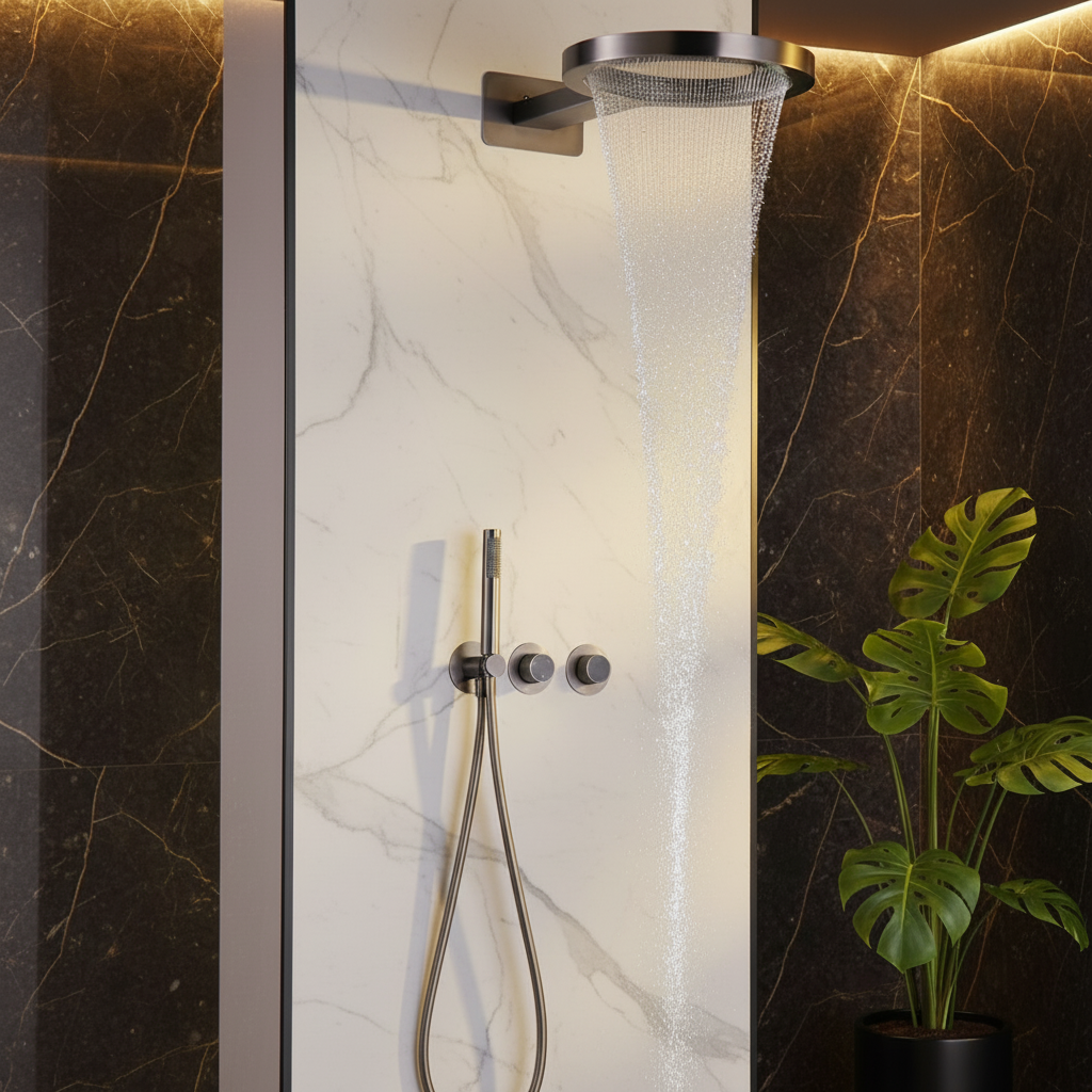 Thermostatische Inbouw Regendoucheset Marino –  - Digitale Regeling - Waterval & Staafhanddouche – Gunmetal Grey