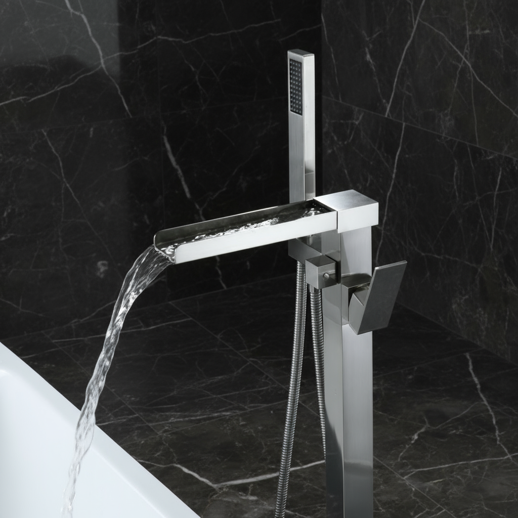 Vrijstaande Badkraan Lisandro – Watervaluitloop – Brushed nickel - 87 × 22 × 15 cm