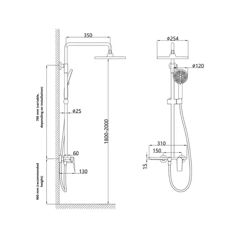 Opbouw regendoucheset Cynthia - Brushed gold - 130 × 35 × 25 cm
