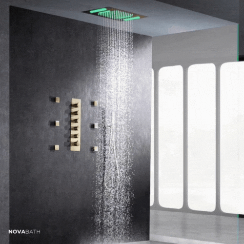 5-in-1 Thermostatische Inbouw Regendoucheset Julia – Bluetooth & Speakers – LED Verlichting – Massagejets - Brushed gold